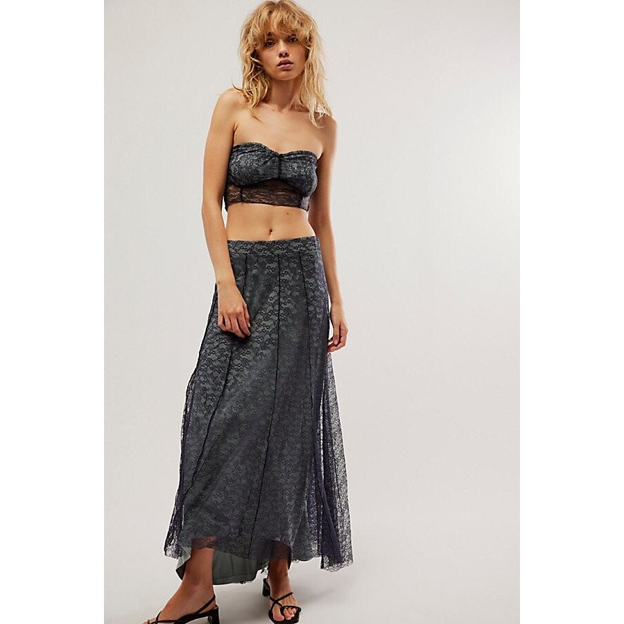 New Free People Shape Of You Set MAXI SKIRT SET $168 MEDIUM Navy Lace Crop Top