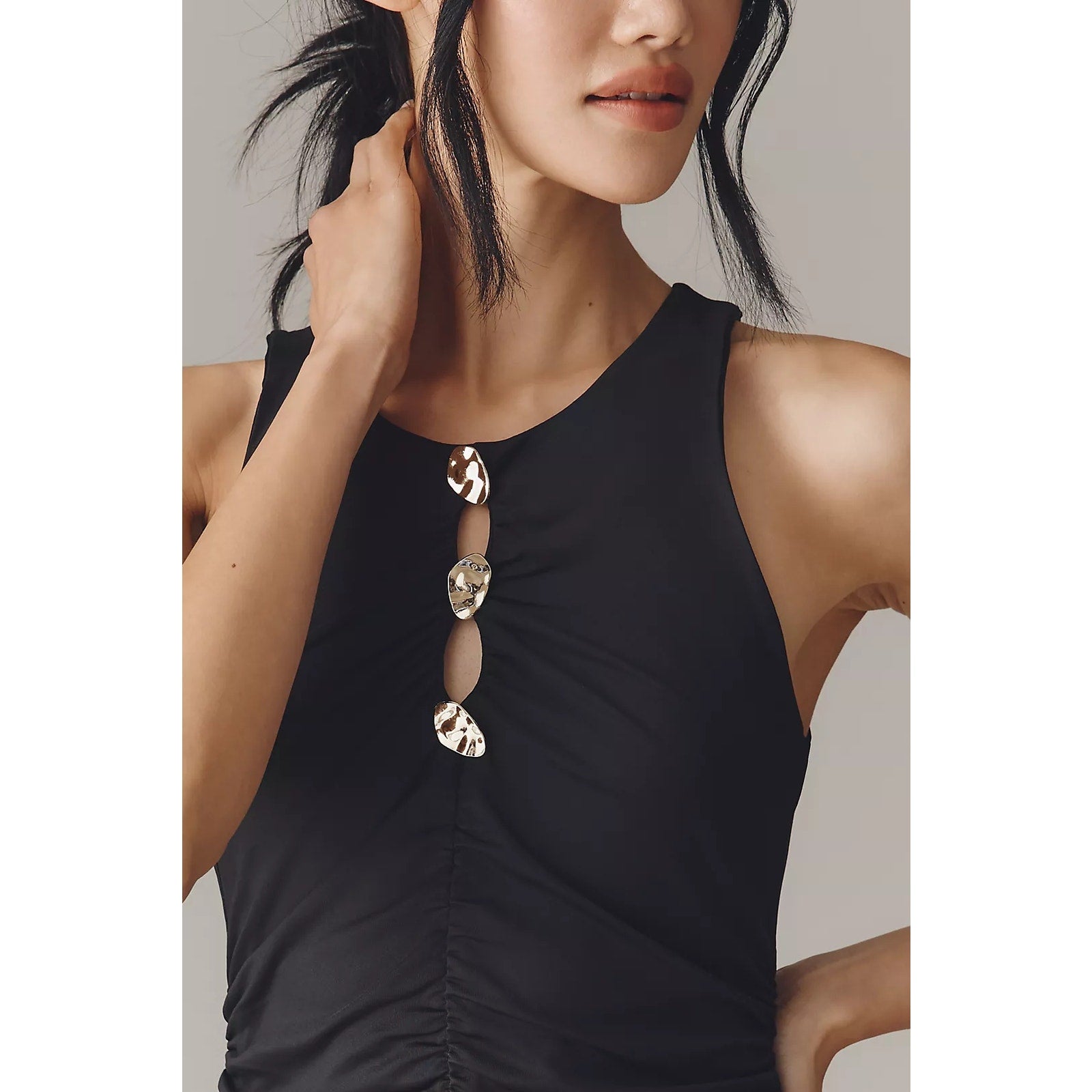 By Anthropologie Sleeveless Hardware Ruched Midi Dress LARGE Black Anthropologie