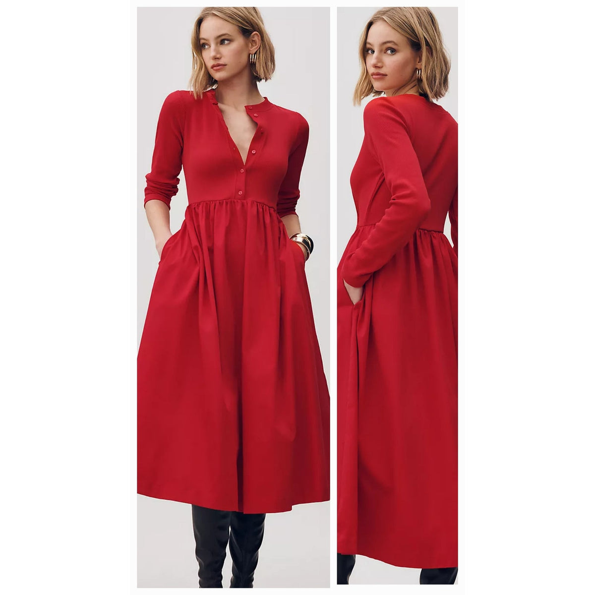 Red long-sleeve midi dress with V-neck button placket and gathered skirt, side view