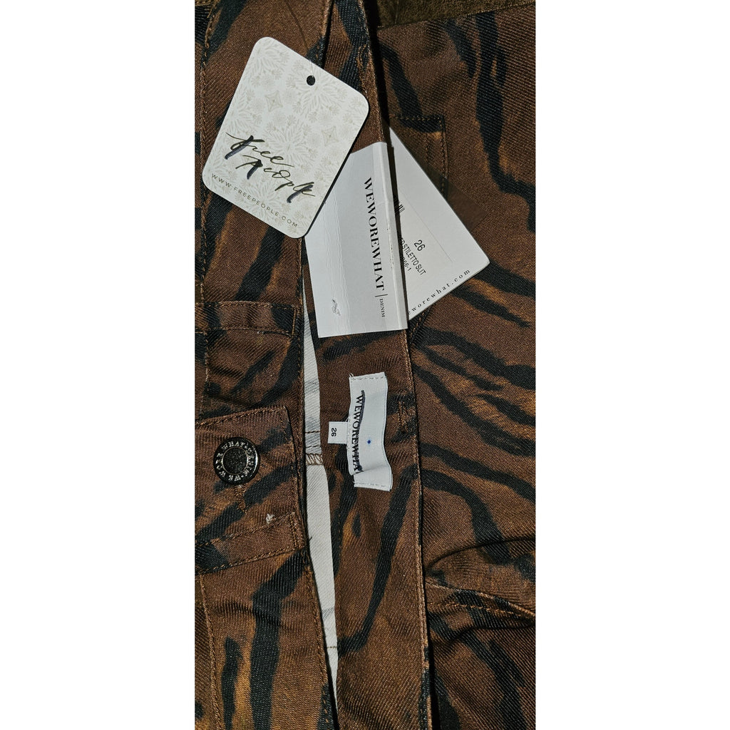 New Free People x We Wore What Piped Stiletto Slit Jeans $148 Sz 26 Tiger Brown