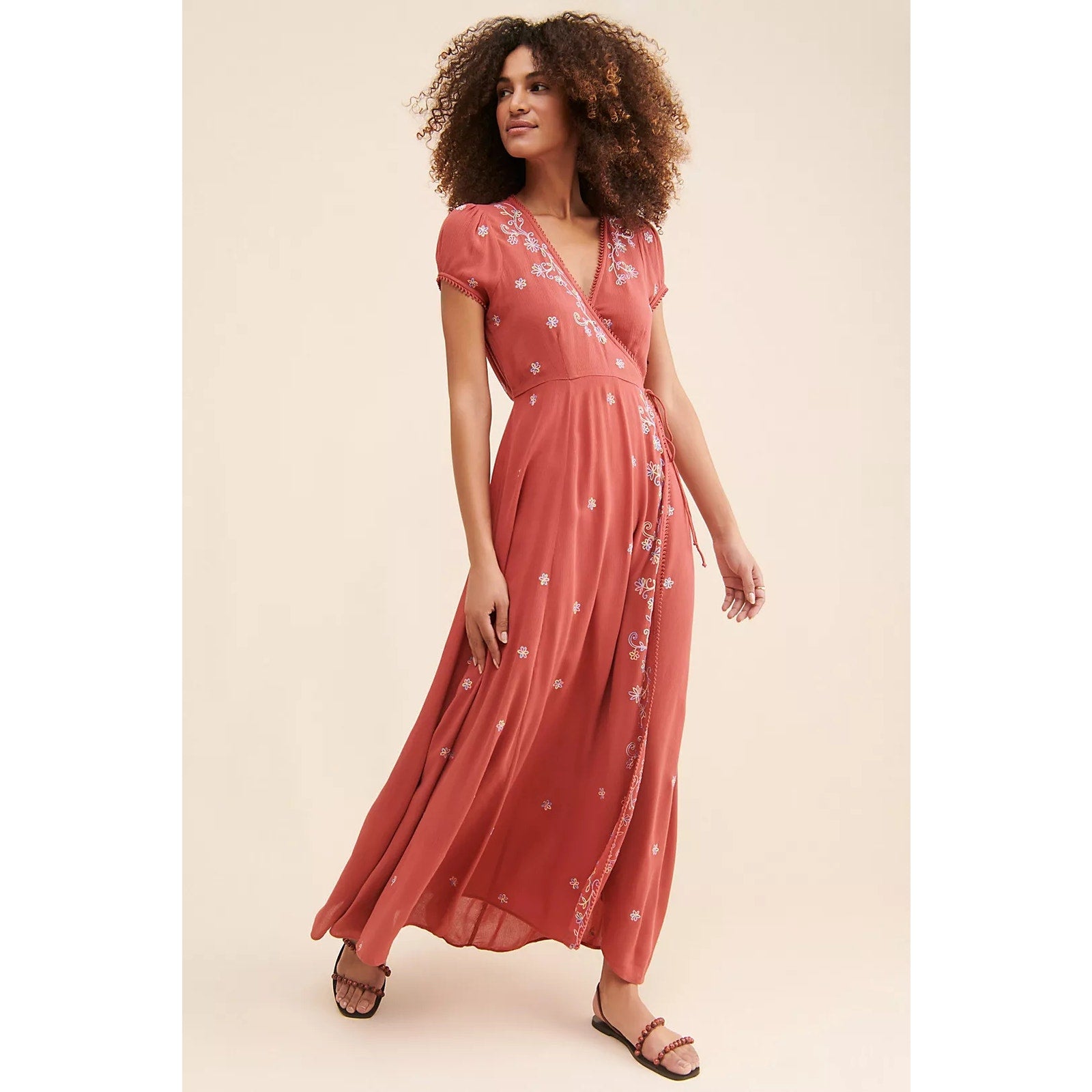 Free People Mia Wrap Boho Floral Embroidered Maxi Dress $168 X-SMALL