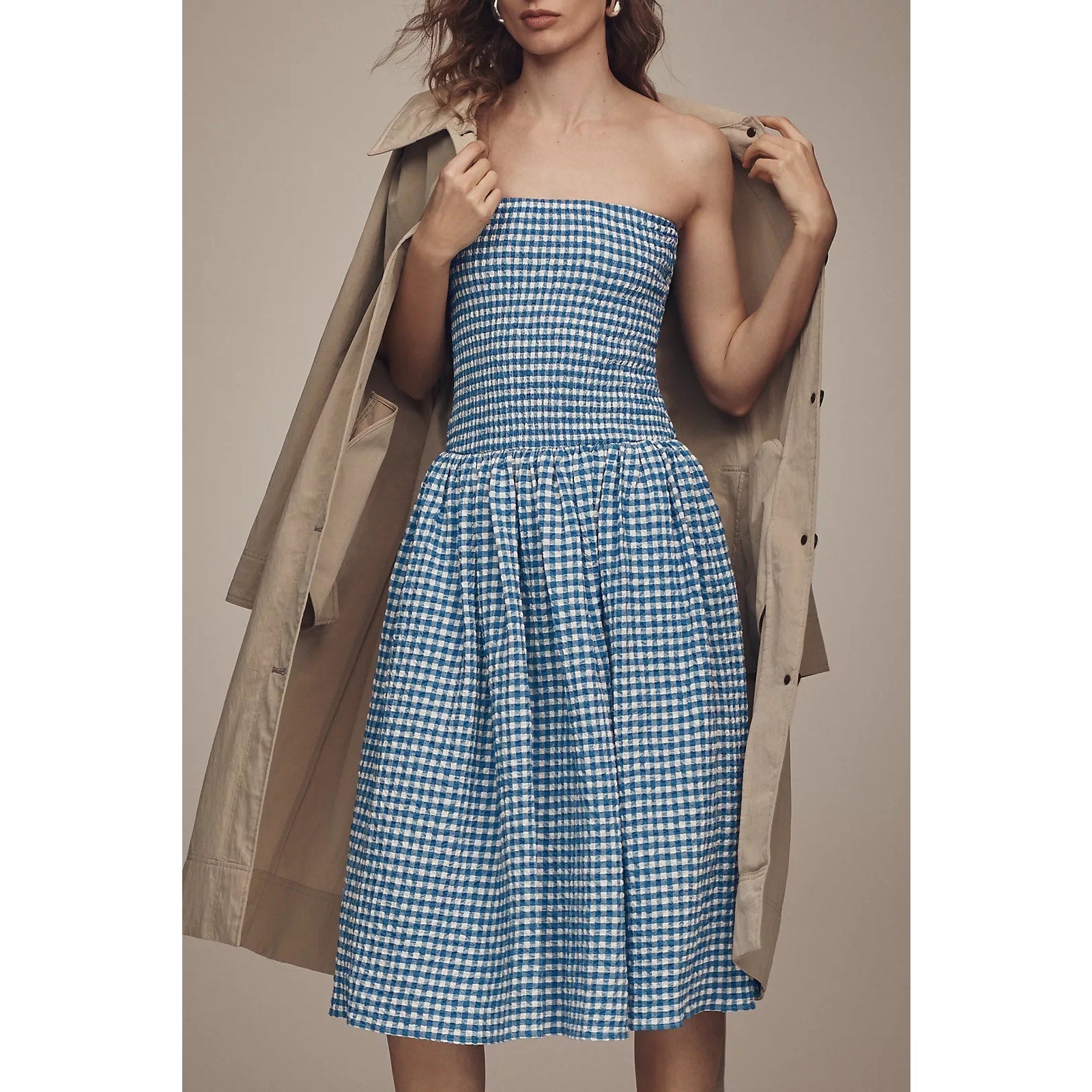 Anthropologie Maeve Strapless Smocked Midi Dress PLUS 2X Blue Gingham Anthropologie