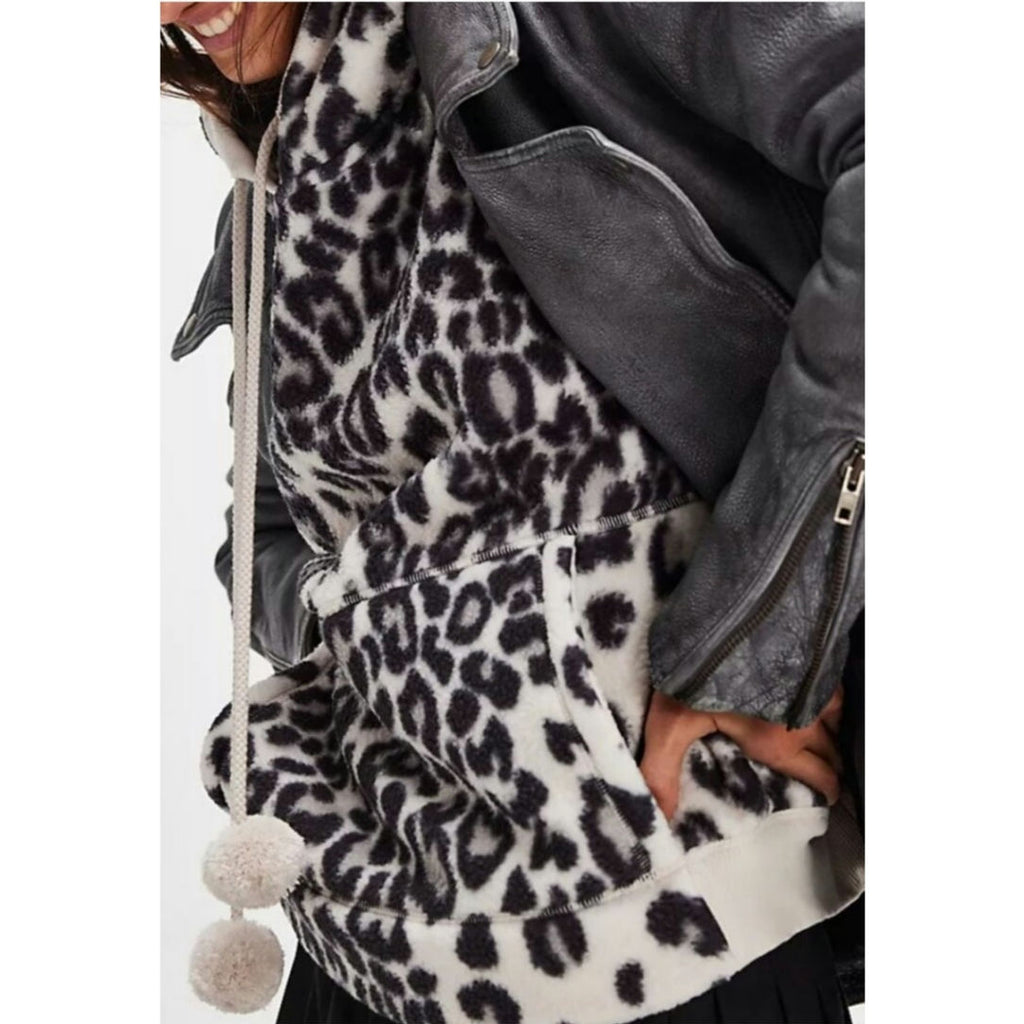 New FREE PEOPLE With Love Sweatshirt $128 X-SMALL Black LEOPARD PRINT