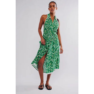 FREE PEOPLE Slice Of Life Halter Midi Dress SMALL Green Floral Boho