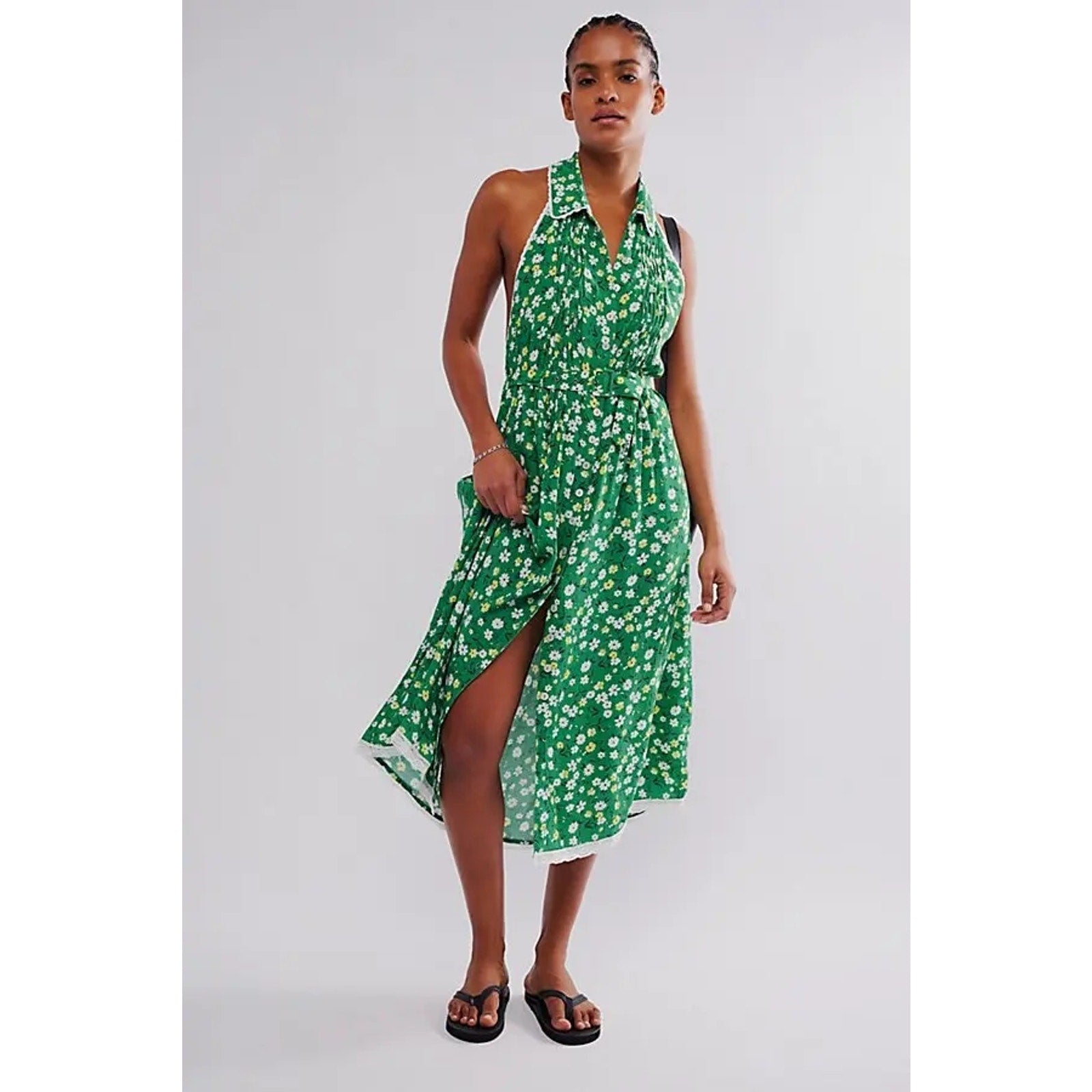 FREE PEOPLE Slice Of Life Halter Midi Dress SMALL Green Floral Boho Free People