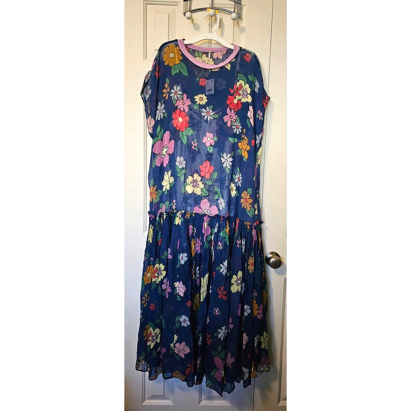 New Free People Mina Retro Floral Maxi Dress Chiffon $298 X-SMALL Blue Mini Slip