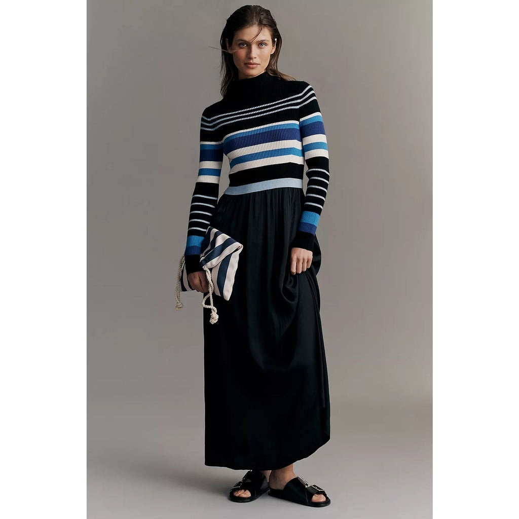 Anthropologie Thea maxi dress with black skirt and blue, white, and cream striped sweater bodice