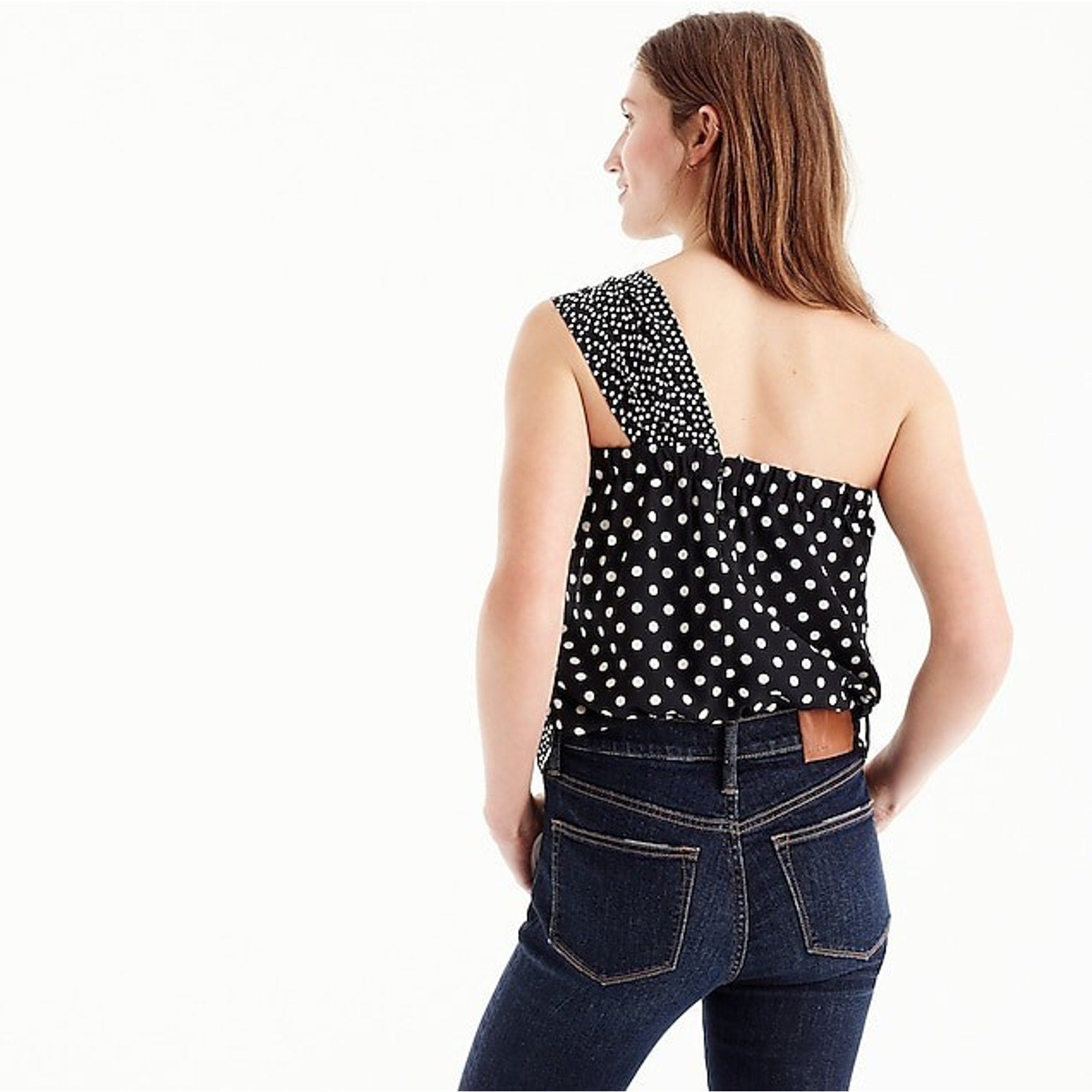 New J Crew Silk one-shoulder bow top in polka dot BLACK/IVORY G7678 $78 Size 10