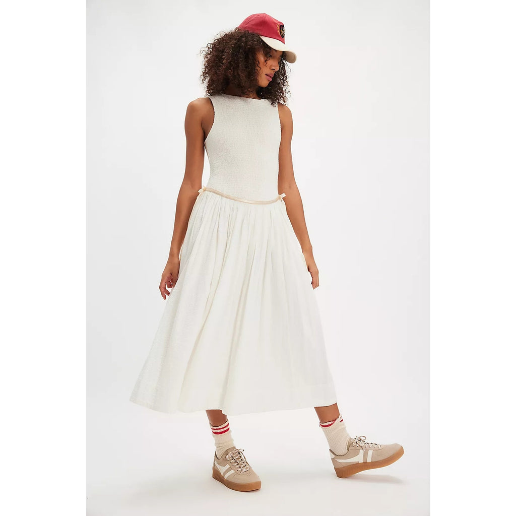 FREE PEOPLE Nightingale Seersucker Midi Dress SMALL Ivory SMOCKED Free People