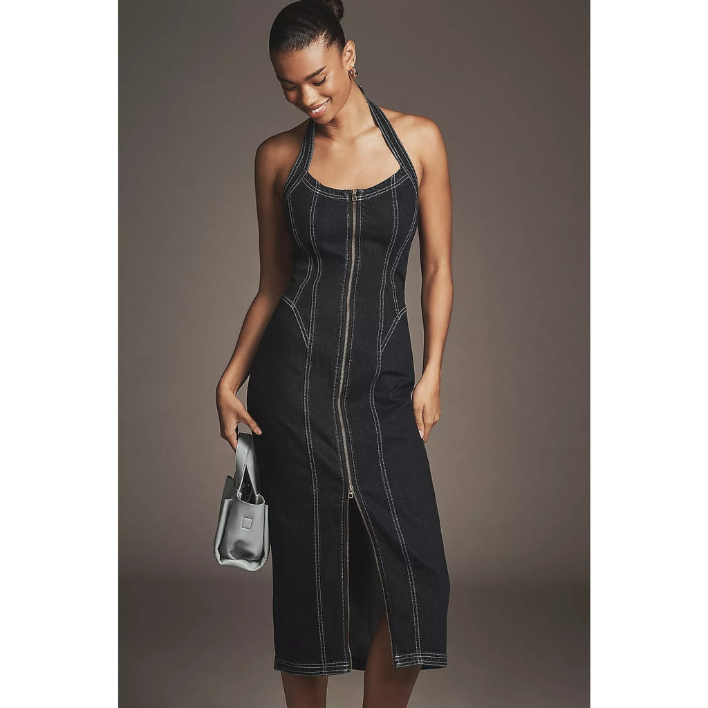 Anthropologie Pilcro Front-Zip Halter Denim Midi Dress SMALL Dark Blue Anthropologie