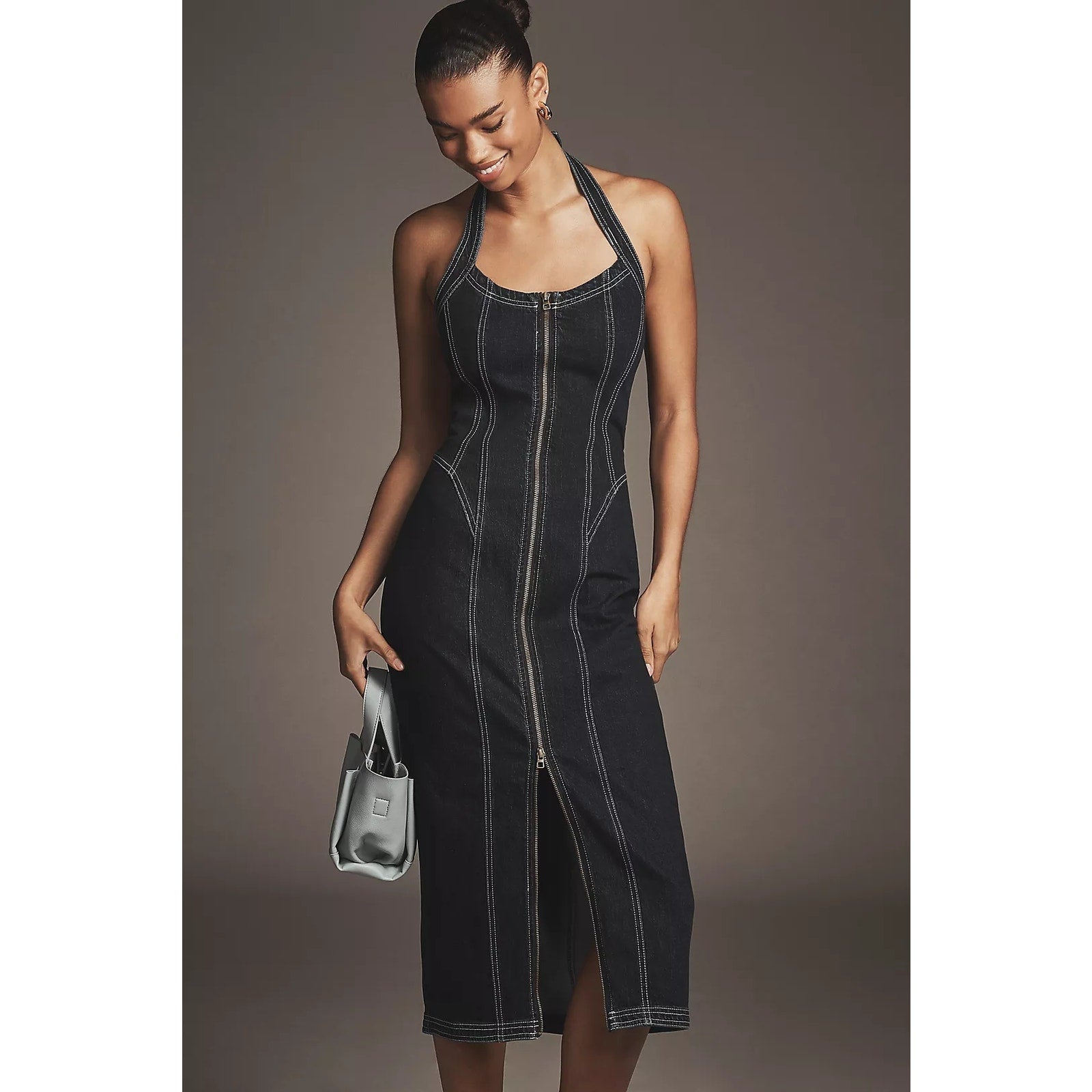 Anthropologie Pilcro Front-Zip Halter Denim Midi Dress SMALL Dark Blue Anthropologie
