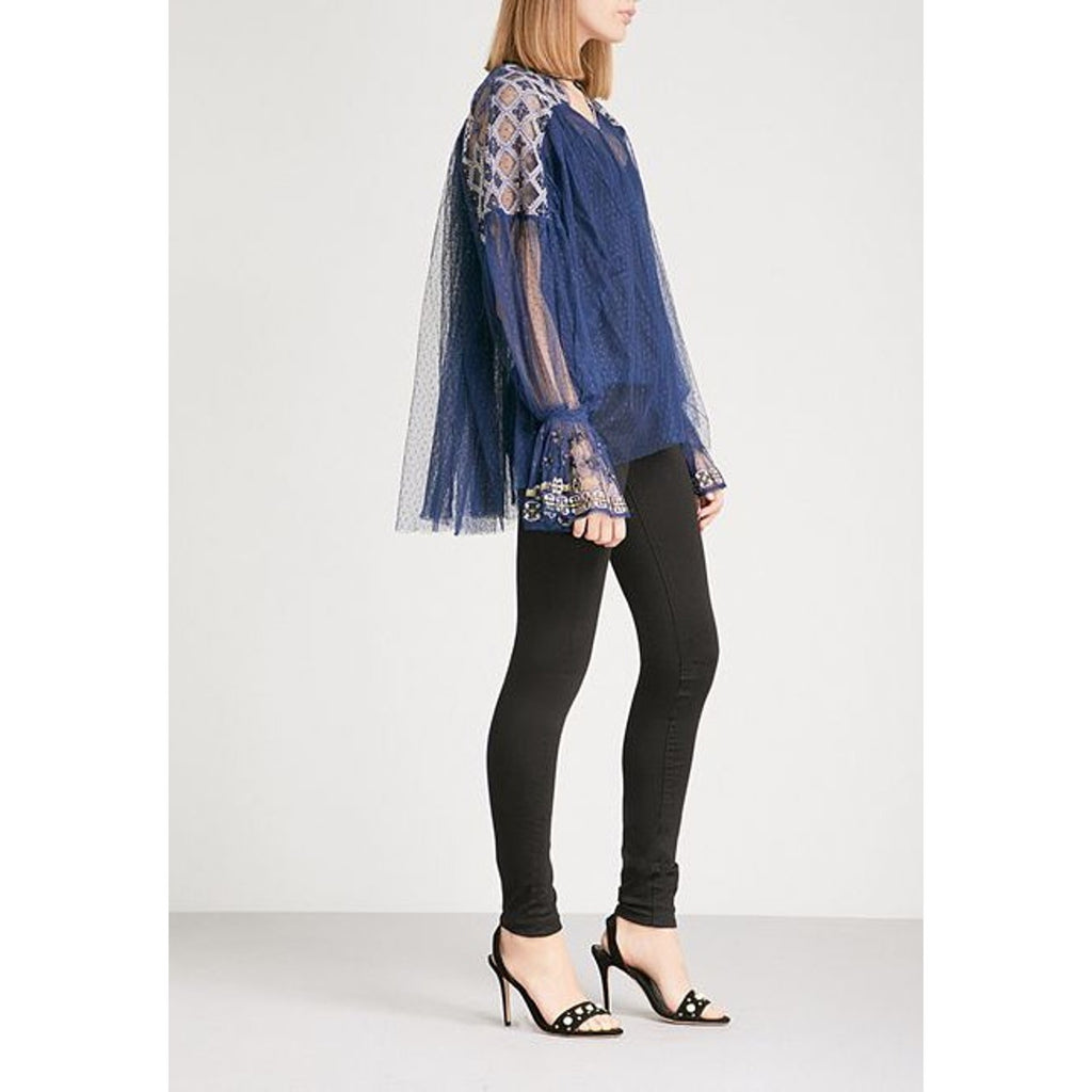 NEW Free People Women's $148 Blue Joyride Long-Sleeve Top Sz M Embroidered Boho
