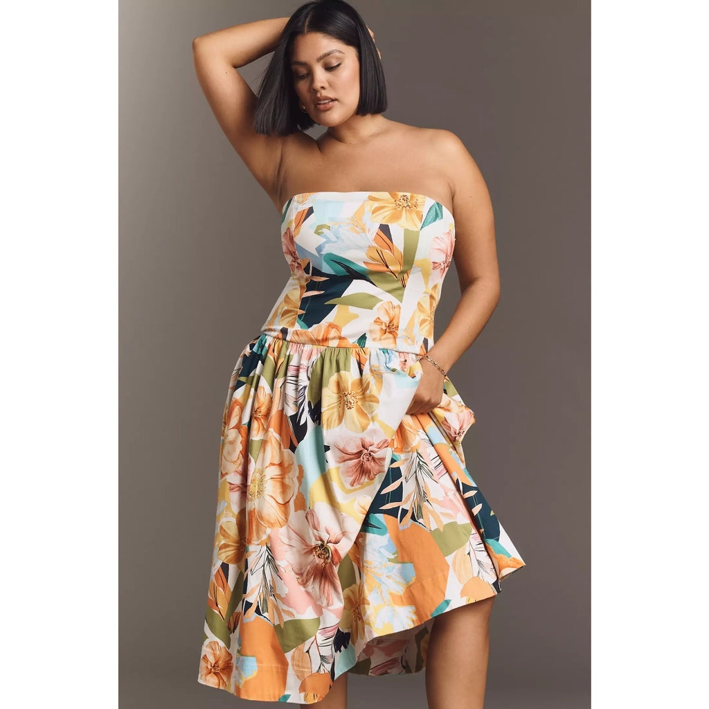 Anthropologie Drop-Waist Midi Dress Size Large Yellow Floral Anthropologie