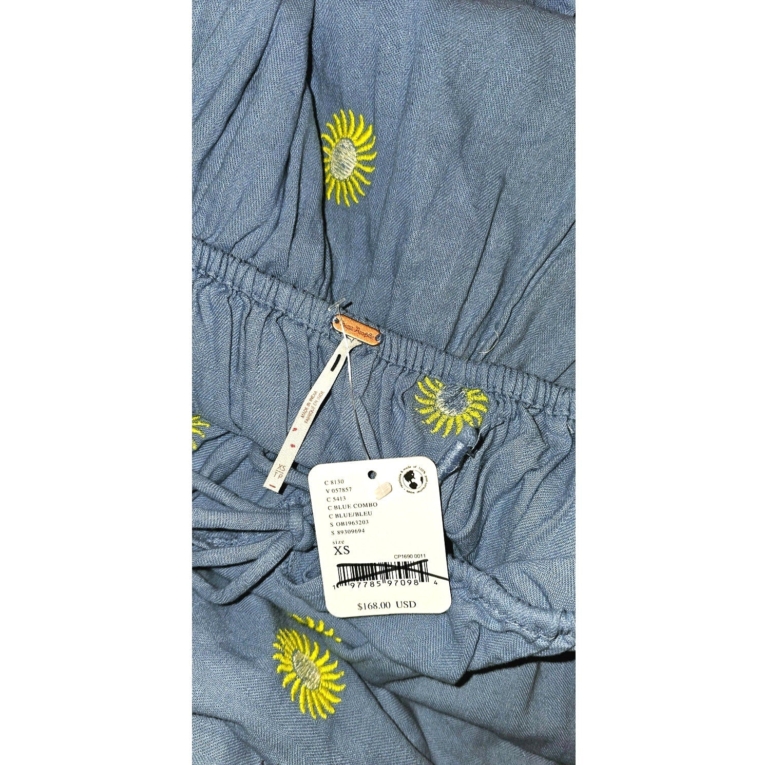 Free People Emory Embroidered Midi Dress X-SMALL Blue Long-Sleeve Free People