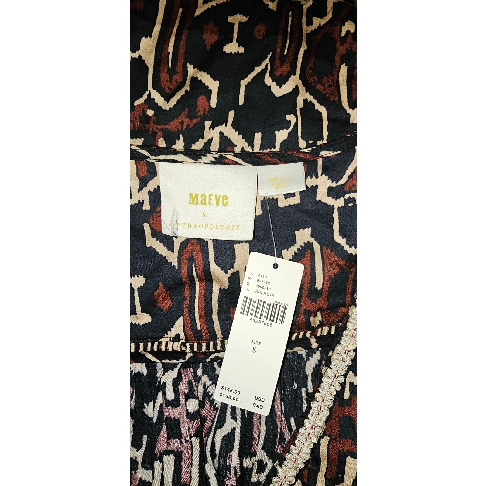 New Anthropologie Maeve Veda Embroidered Peasant Blouse $148 SMALL Brown Motif