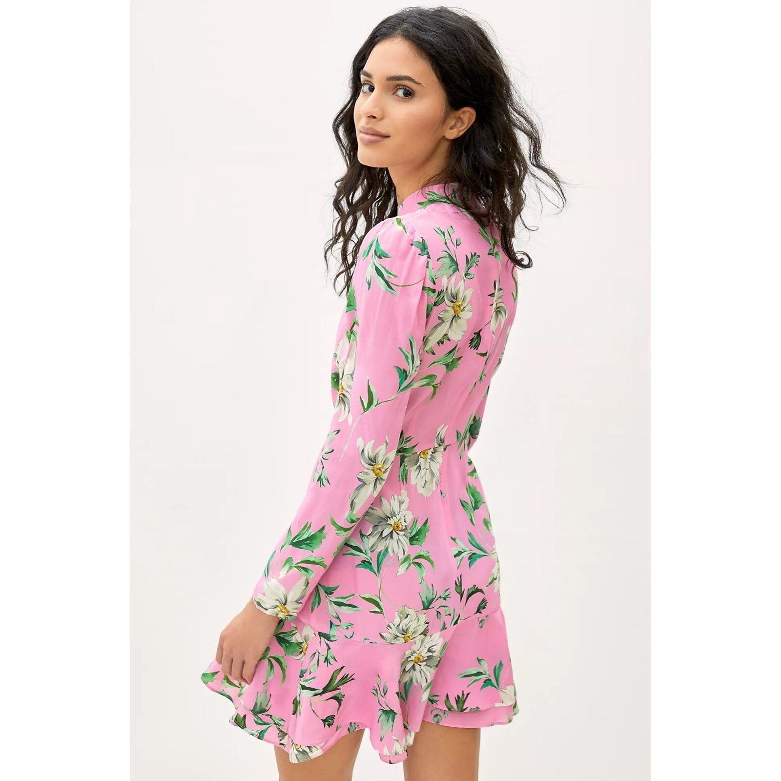 New Anthropologie Yumi Kim Morning Grace Floral Mini Dress Sz S Long-Sleeve Pink