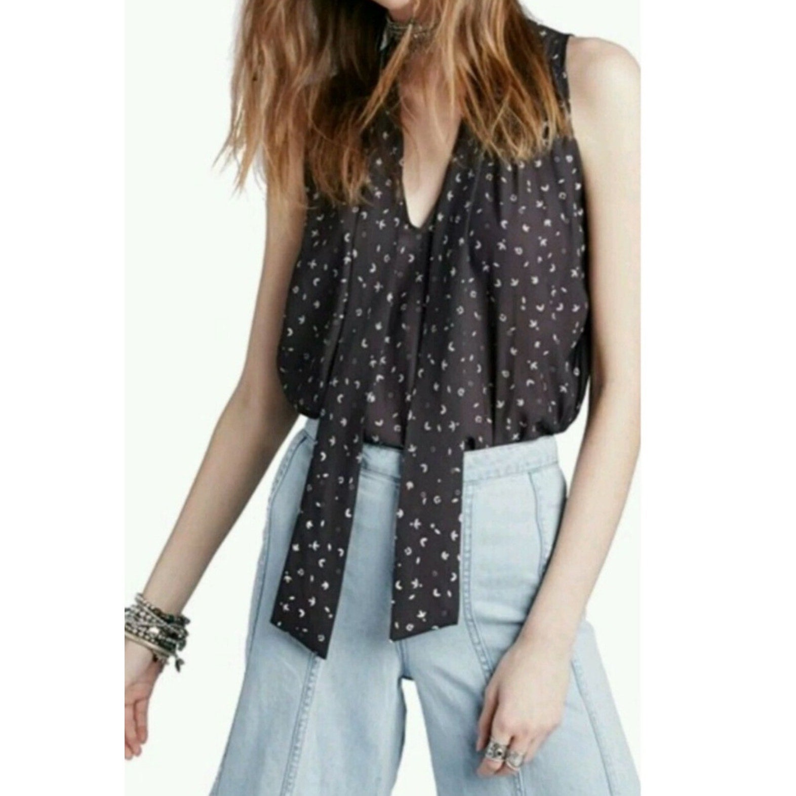 New Free People Tie Front Sleeveless Blouse $78 X-SMALL Black