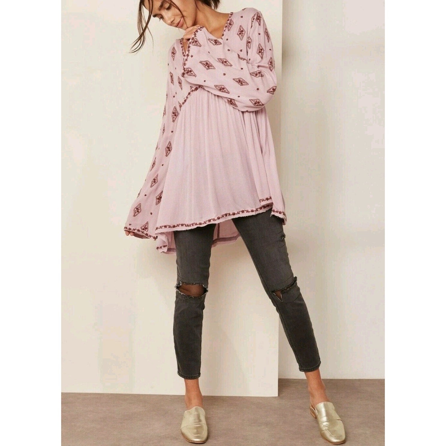 New Free People Diamond Embroidered Long Sleeve Tunic $148 SMALL Lilac Top