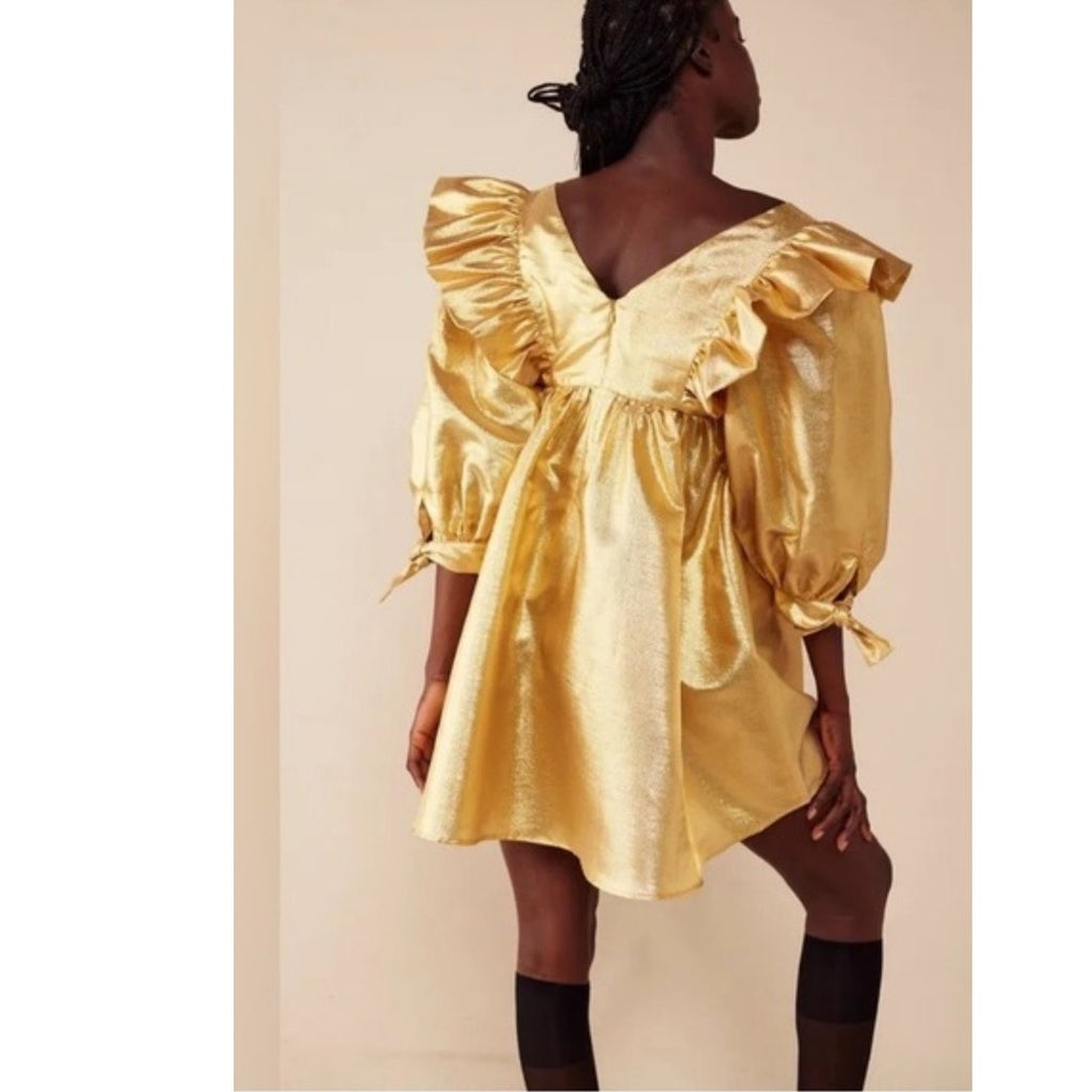 New FREE PEOPLE Selva Negra Atomo Babydoll Dress $400 X-SMALL Gold Metallic