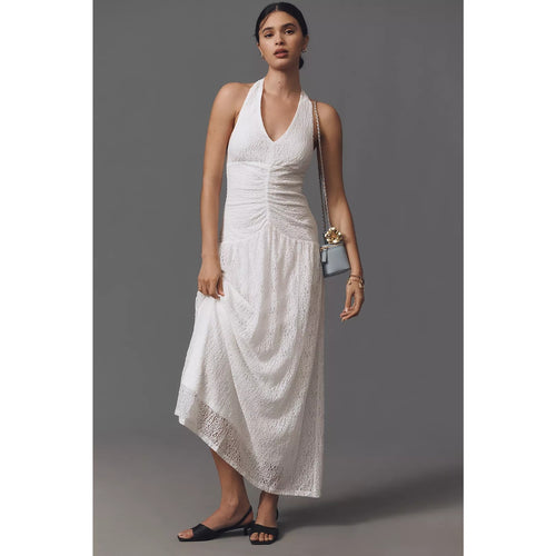 Anthropologie Flat White Plunge Slim Maxi Dress LARGE White HALTER-NECK Anthropologie