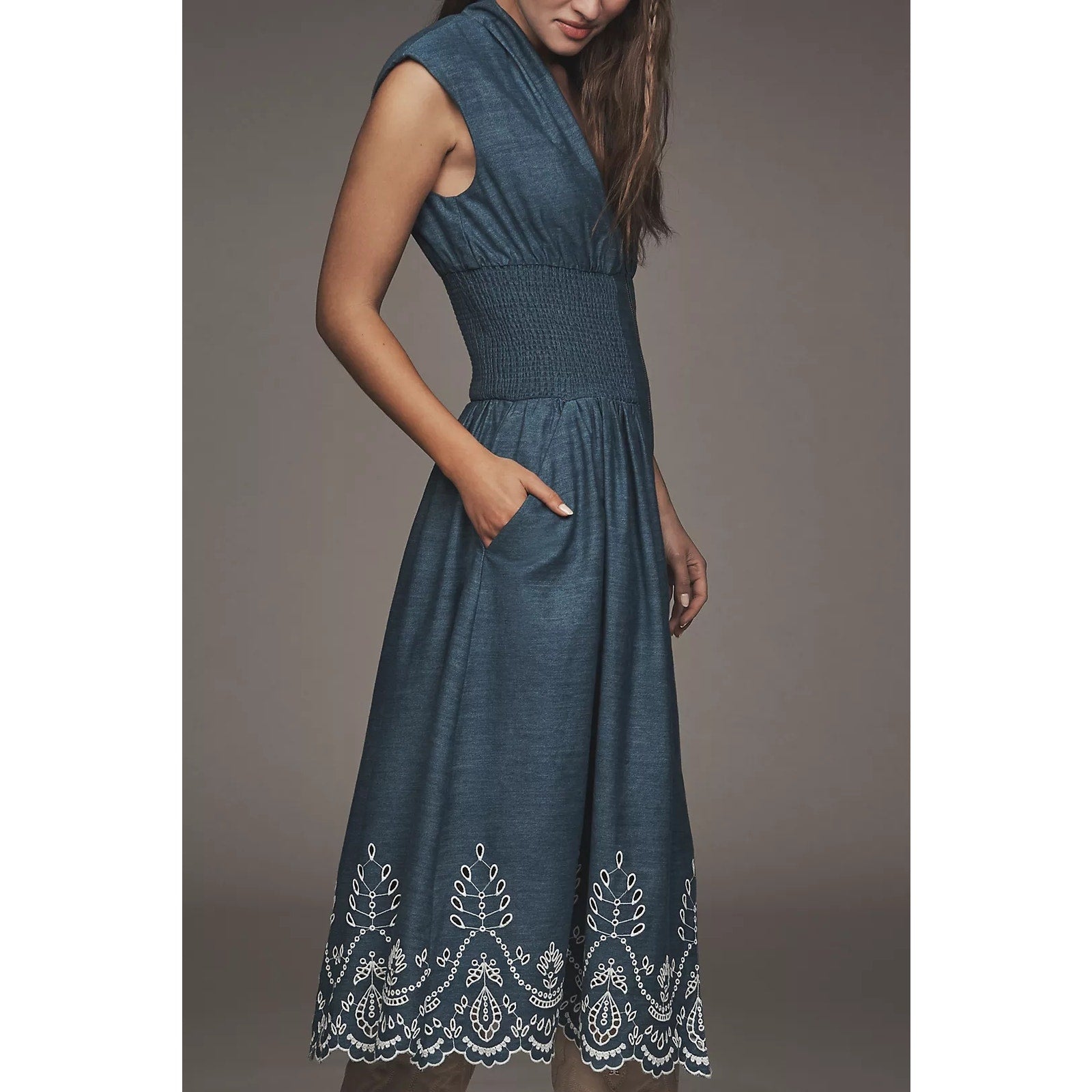 Anthropologie The Tommie Denim Eyelet Trim Midi Dress SMALL BLUE Anthropologie