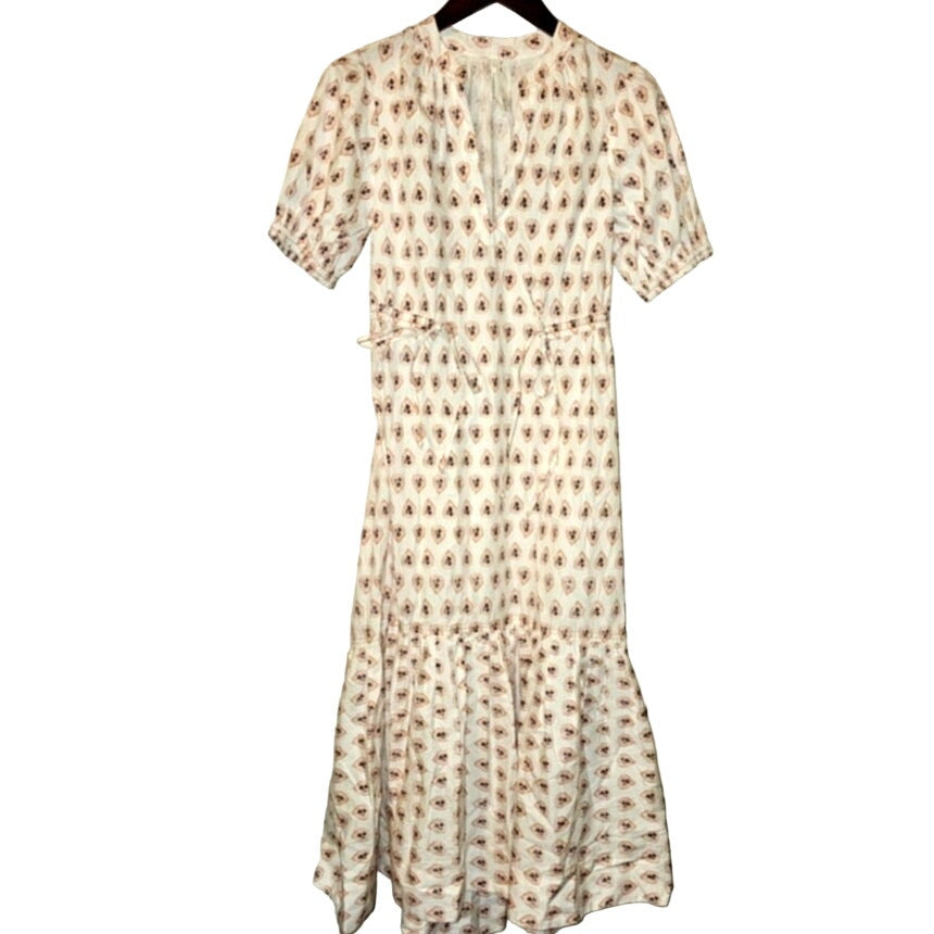 New By Anthropologie Printed Puff-Sleeve Dress $160 X-SMALL Neutral Motif
