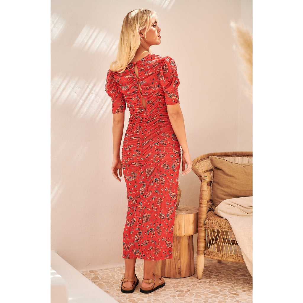 Free People $168 Red Briella Floral Ruched Midi Dress Size Small