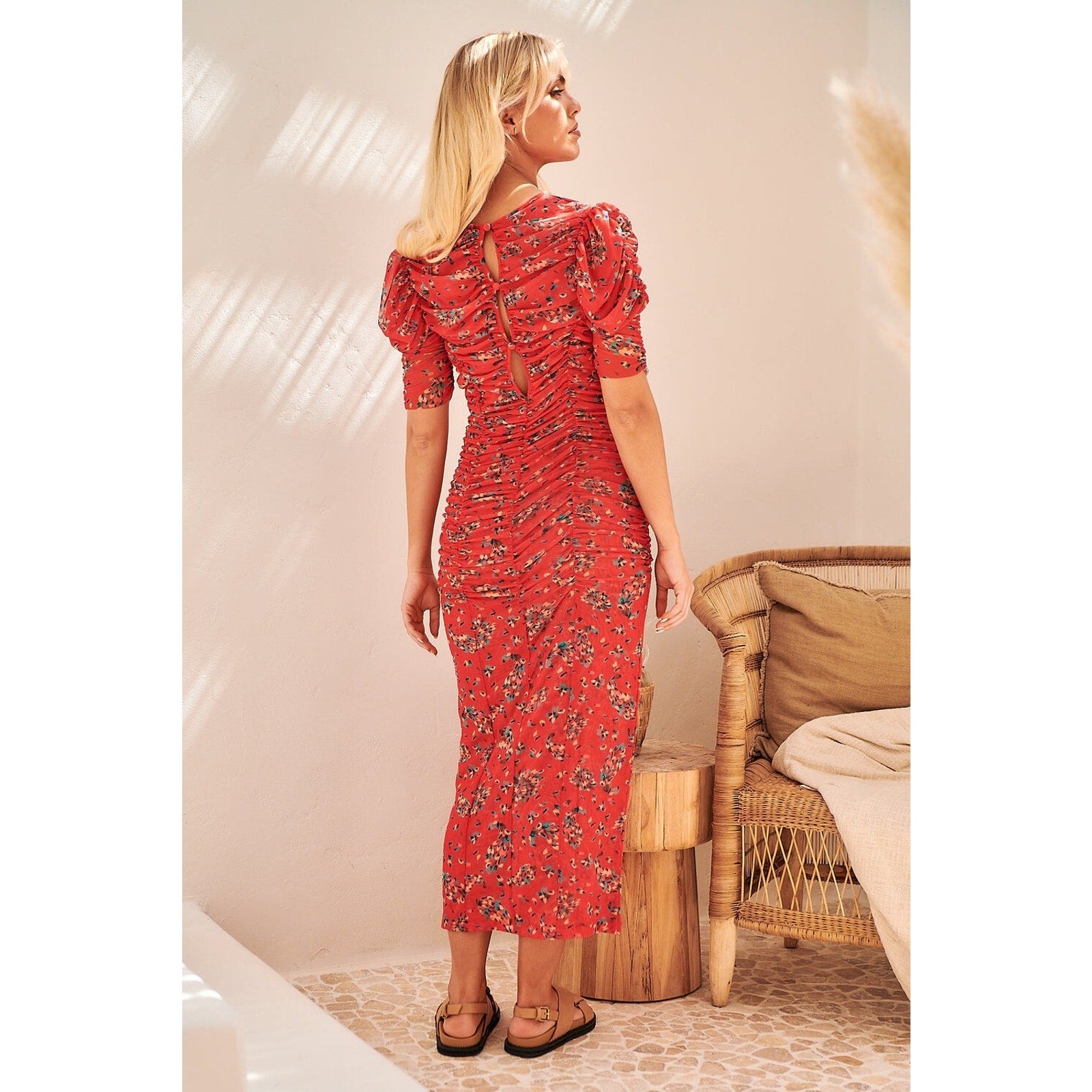 Free People $168 Red Briella Floral Ruched Midi Dress Size Small