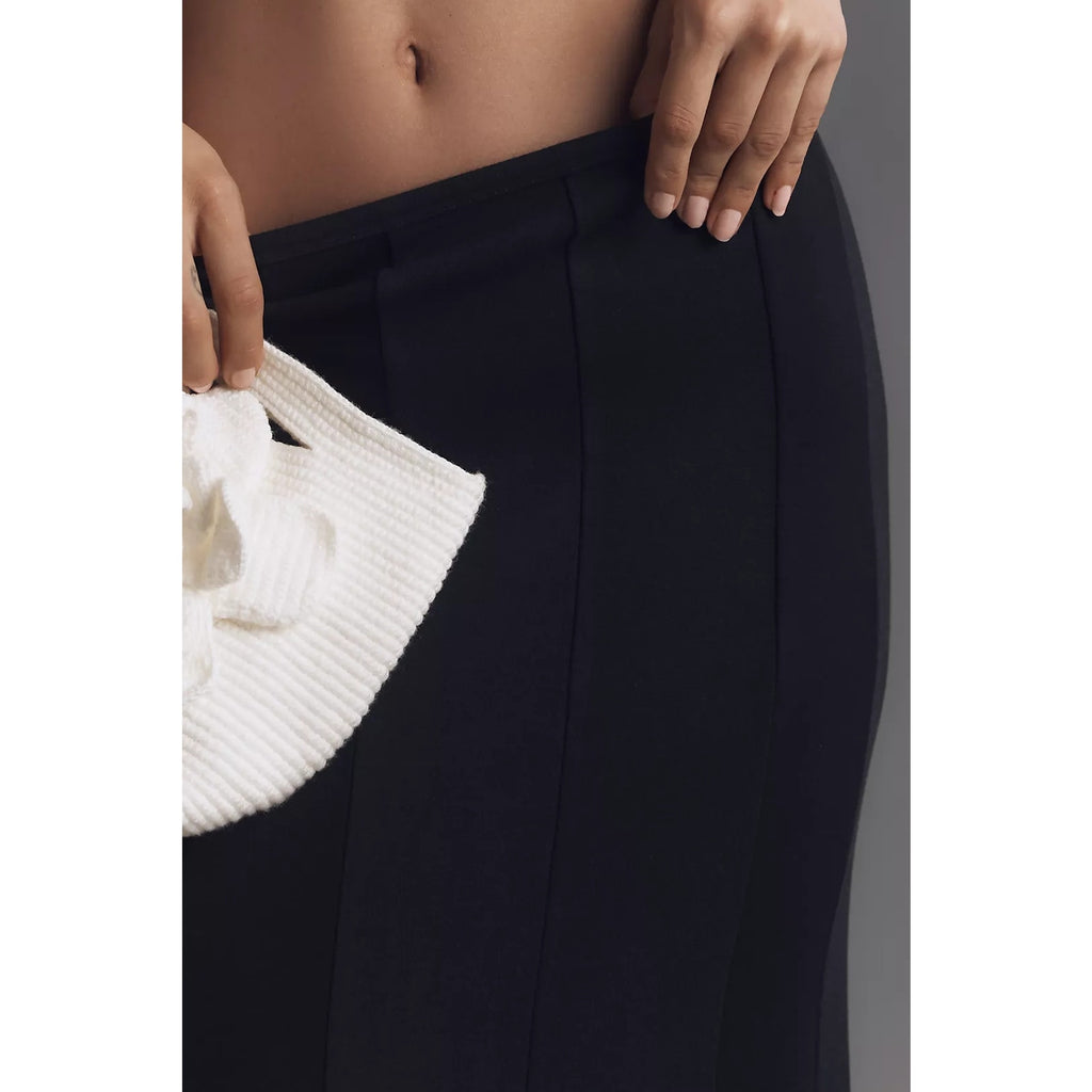 New By Anthropologie Fluted Knit Pencil Midi Skirt $118 SMALL Black Stretchy