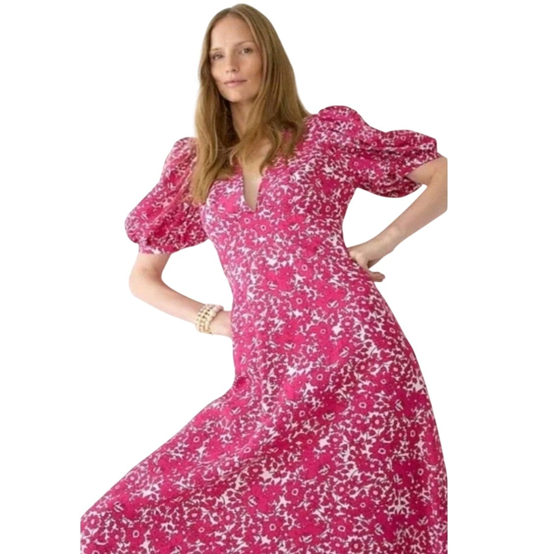 J CREW Collection Puff Sleeve V-neck Drapey Floral Maxi Dress $298 Size 00