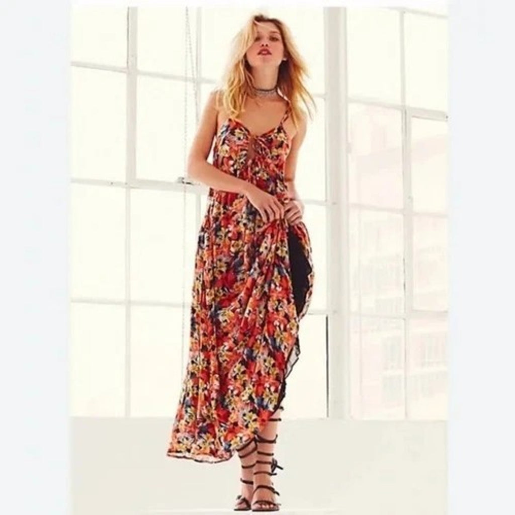 New Free People Mulberry Strappy Keyhole Floral Maxi Dress Size Small Boho Coral