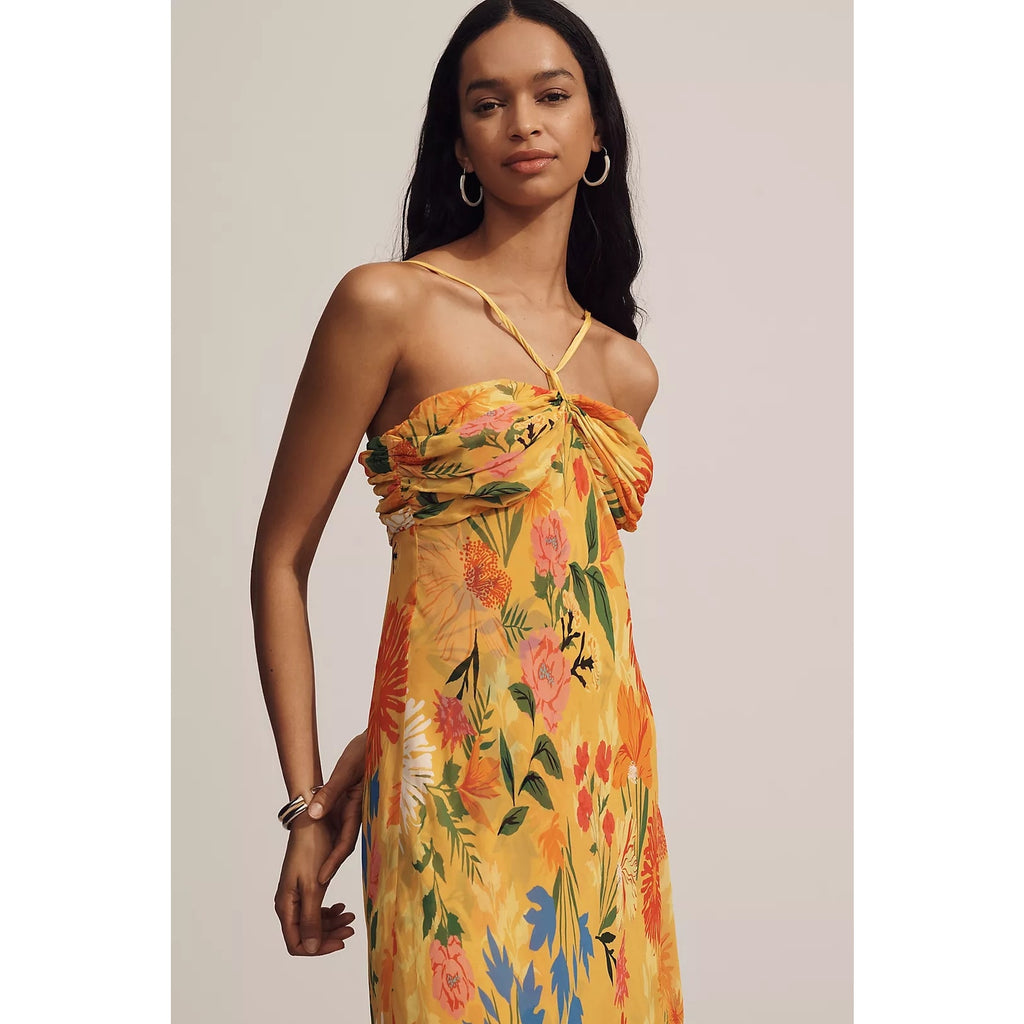 By Anthropologie Halter Slip Midi Dress MEDIUM Yellow Floral Motif Anthropologie