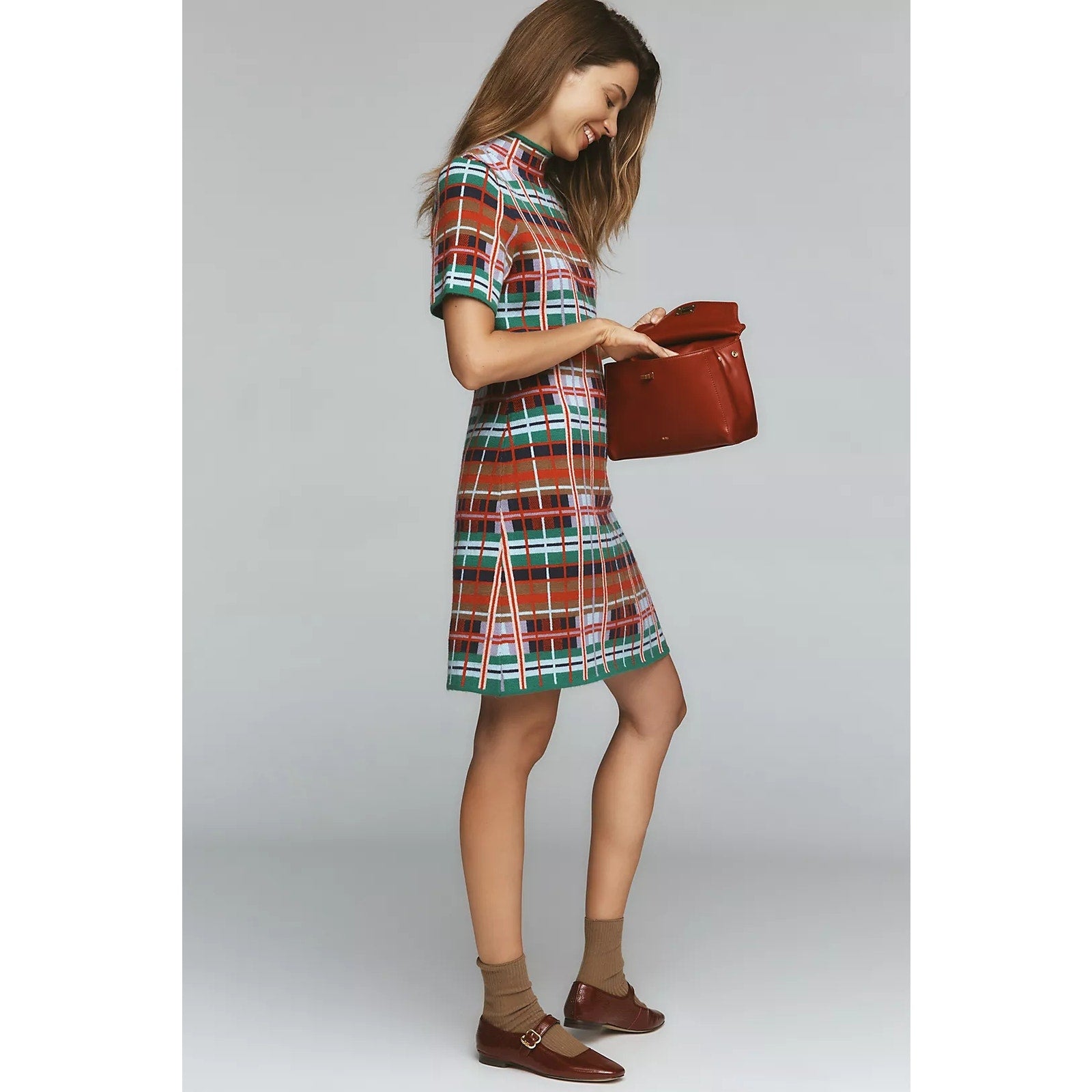 By Anthropologie Mock-Neck Short-Sleeve Mini Shift Dress Small Multi Plaid Anthropologie