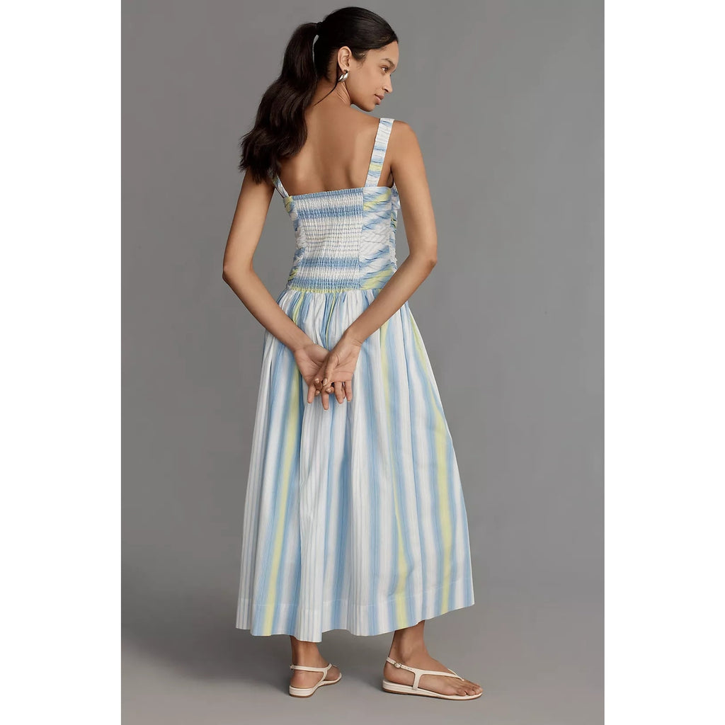 By Anthropologie Square-Neck Drop-Waist Maxi Dress SMALL Blue Anthropologie