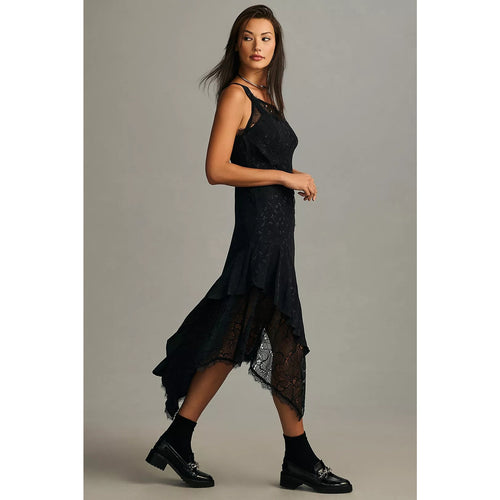 Anthropologie Asymmetrical Lace Maxi Dress $198 SIZE 14P Black ONE SHOULDER