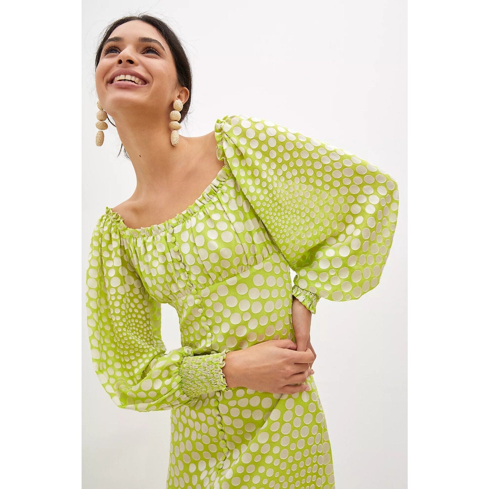 New Anthropologie EXQUISE Meryl Long Sleeve Midi Dress $218 XS Light Green Dot