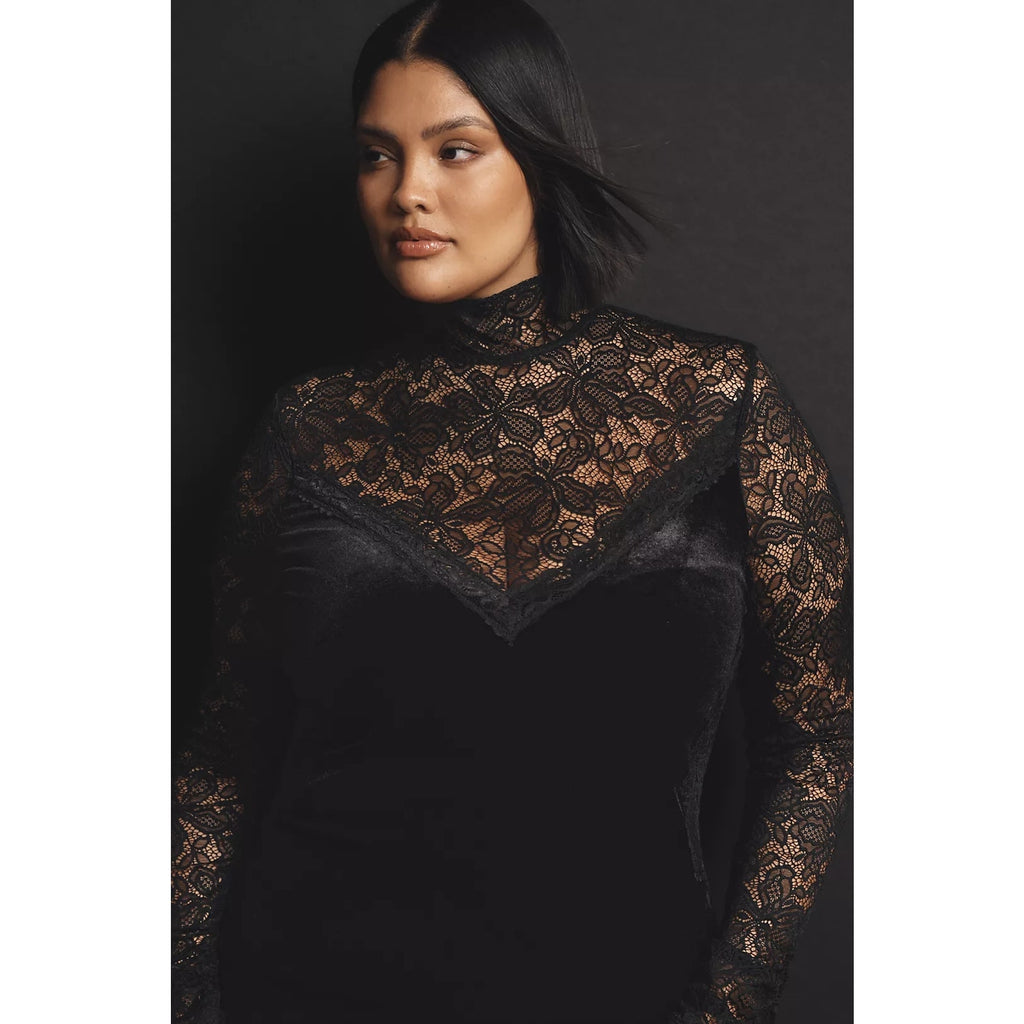 Anthropologie Long-Sleeve Mock-Neck Lace Velvet Slip Midi Dress $170 SMALL