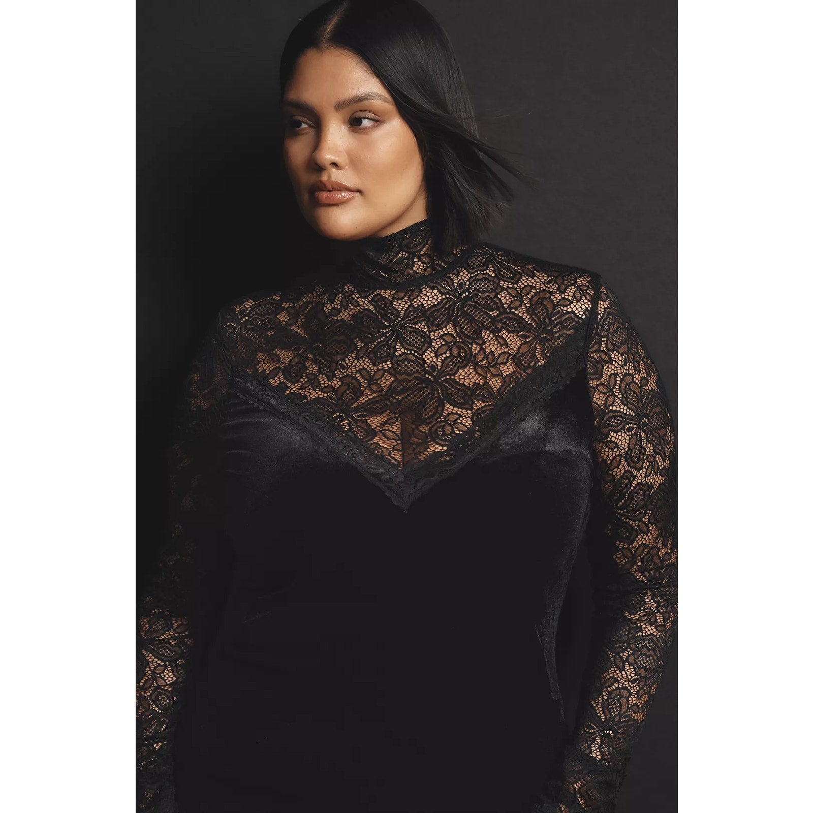 Anthropologie Long-Sleeve Mock-Neck Lace Velvet Slip Midi Dress $170 SMALL