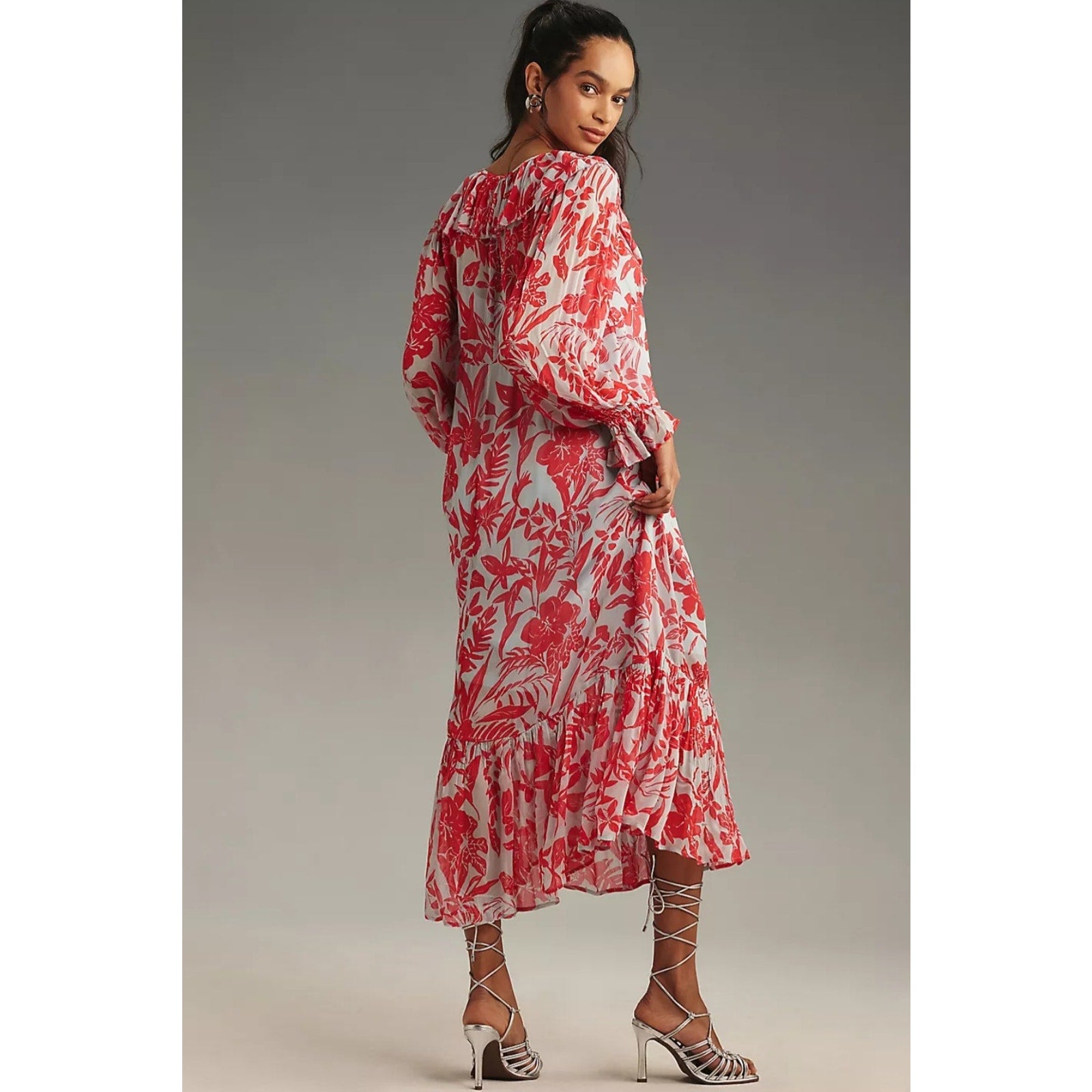 Anthropologie Long-Sleeve V-Neck Chiffon Ruffle Midi Dress $168 MEDIUM