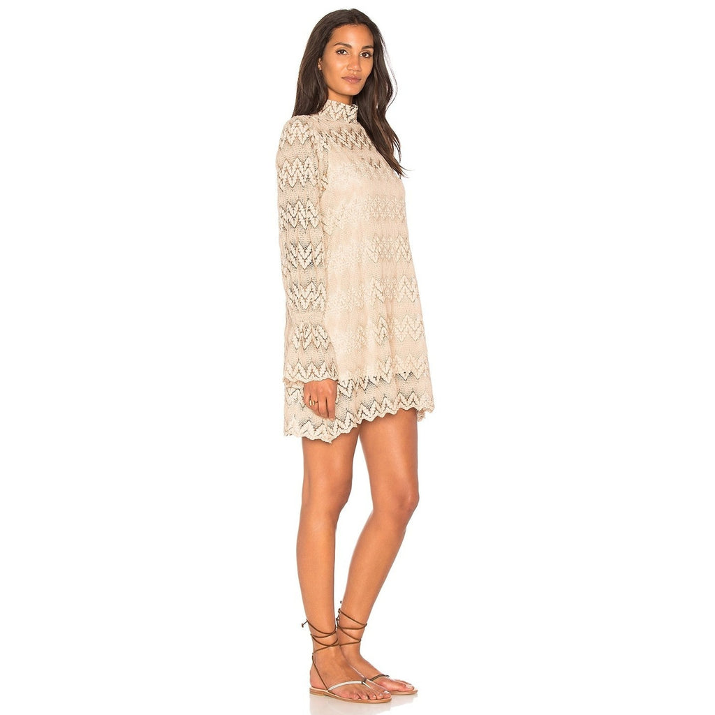 New Free People Simone Neutral Crochet Lace Mini Dress $128 Small Mock Taupe