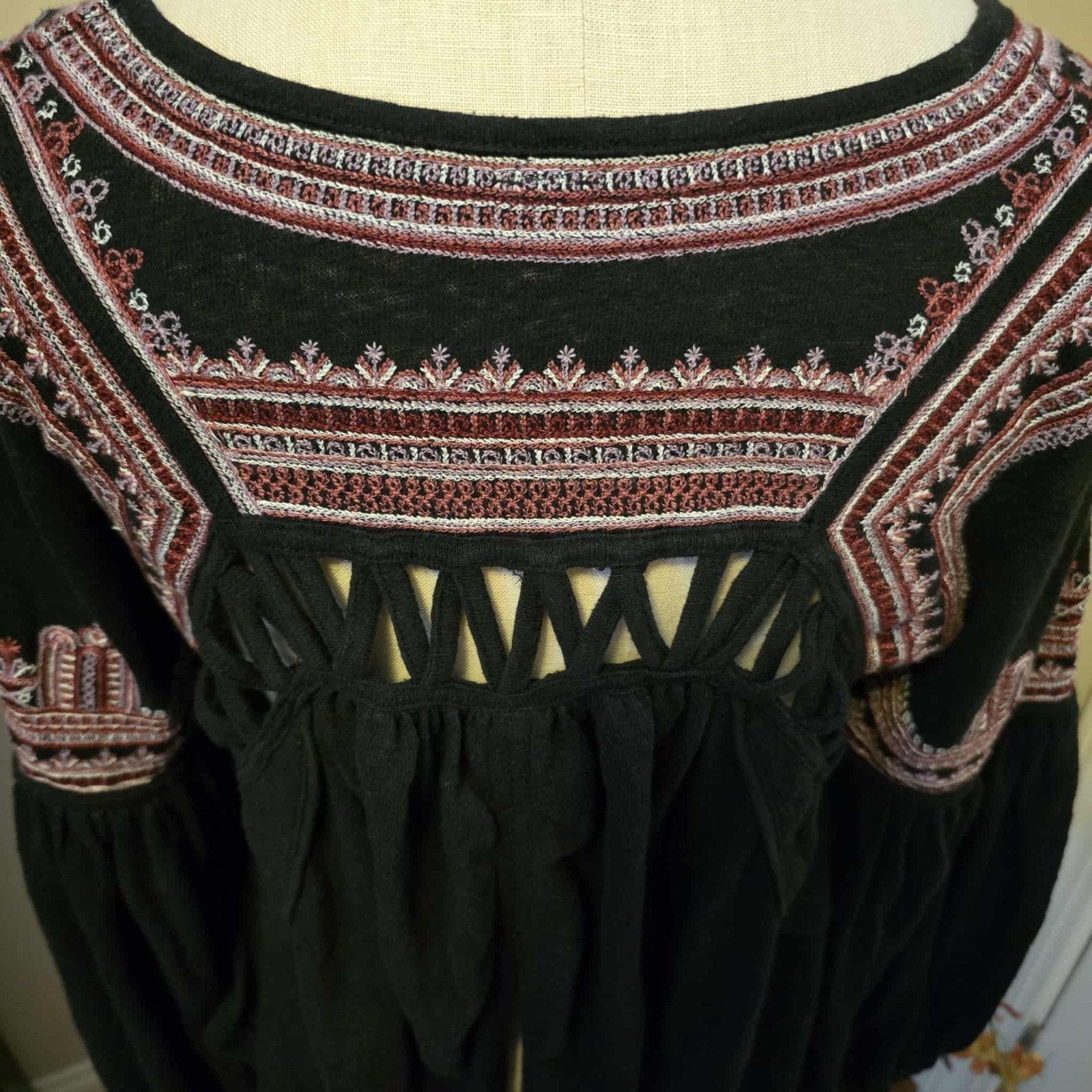 New Free People Snow Kisses Embroidered Long Sleeve Blouse $128 Small Black Boho