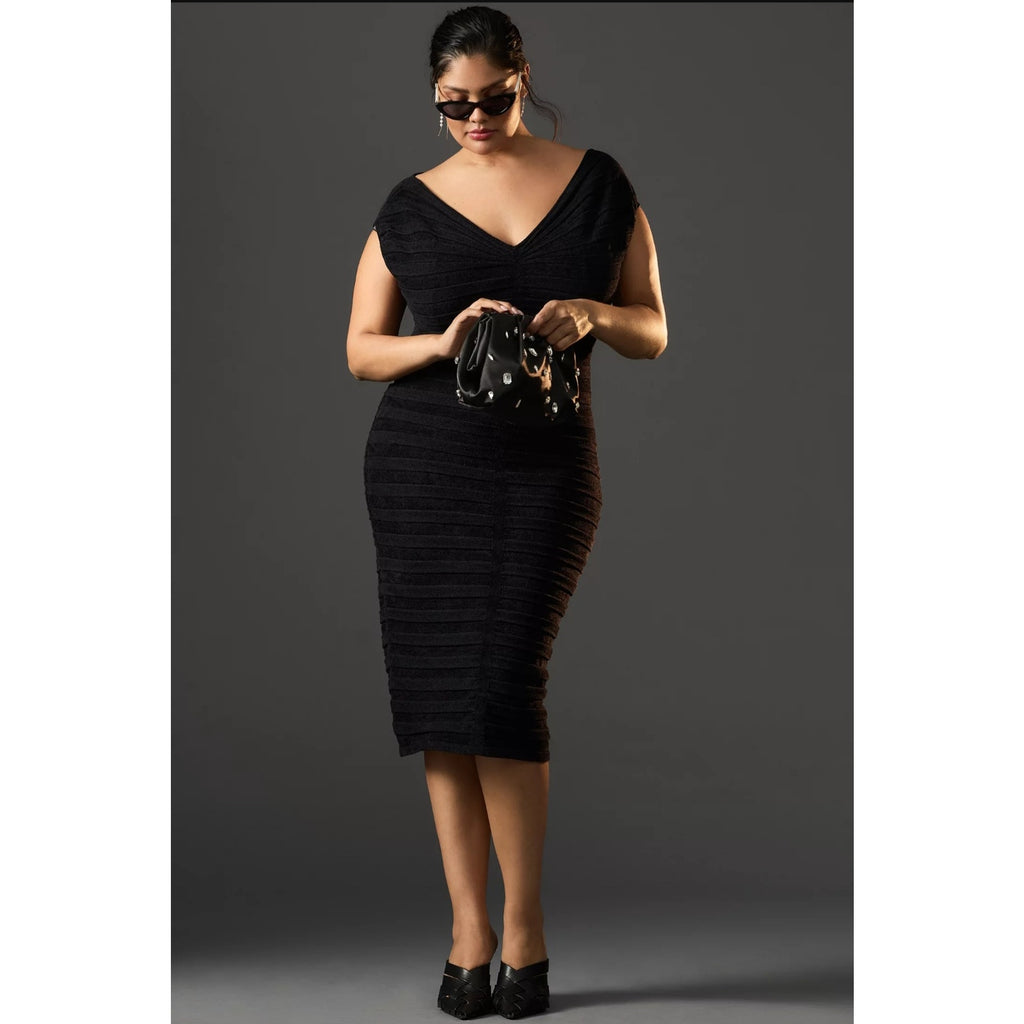 New By Anthropologie V-Neck Chenille Midi Dress $248 X-SMALL Black