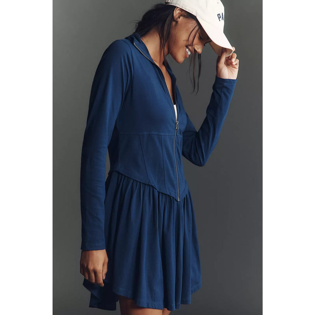 Navy zip-front dress showing its long sleeves, hood, and gathered mini skirt