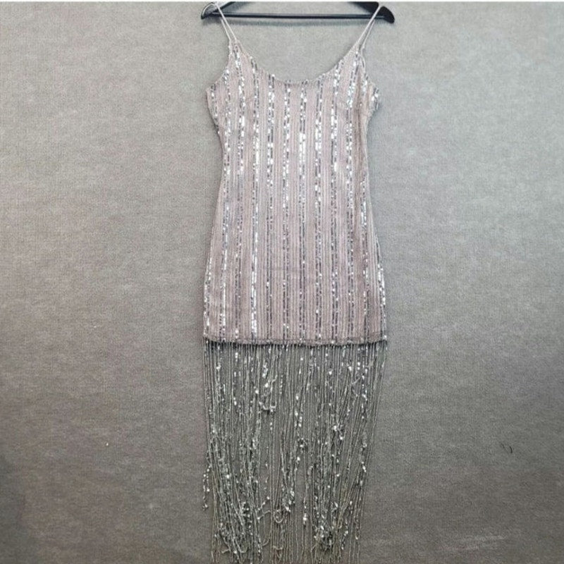 New Anthropologie Maeve Scoop-Neck Beaded Fringe Midi Dress $268 SIZE 14P Mauve