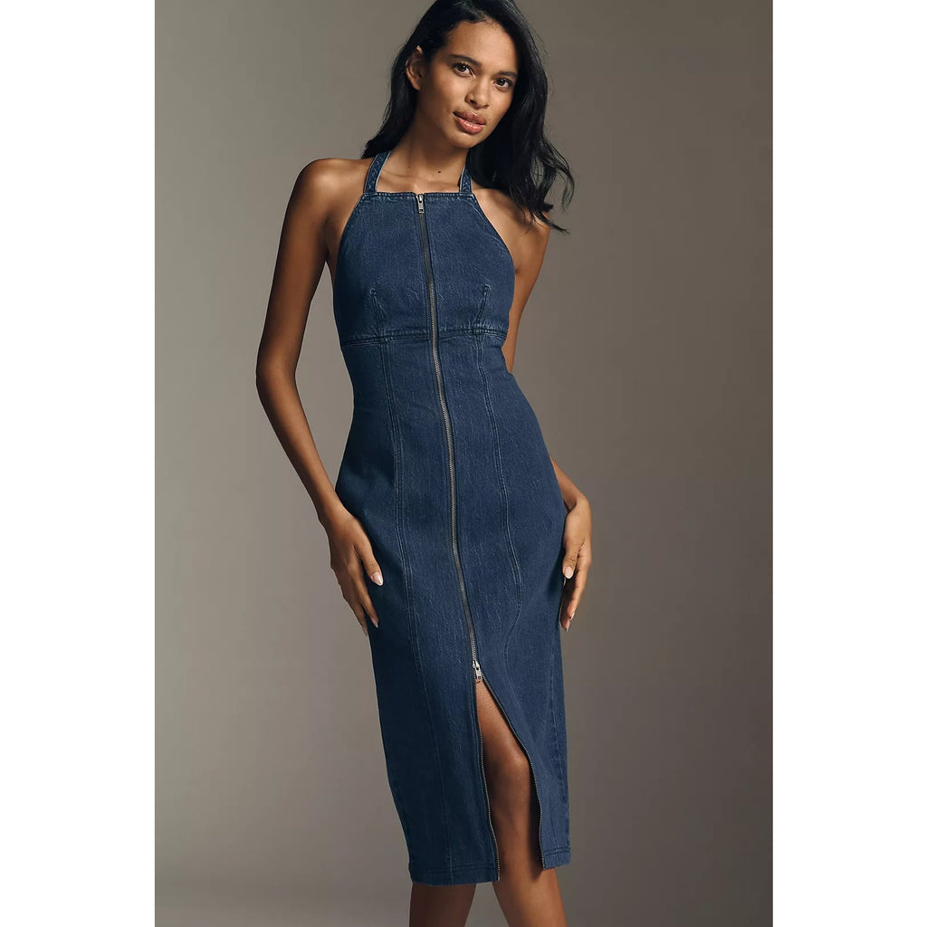 New Anthropologie Pilcro Zip-Front Denim Halter Midi Dress $168 MEDIUM Dark Blue Anthropologie