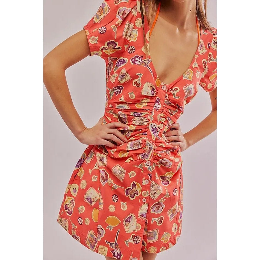 FREE PEOPLE Oakley Mini Dress X-LARGE Pink Combo RUCHED Free People