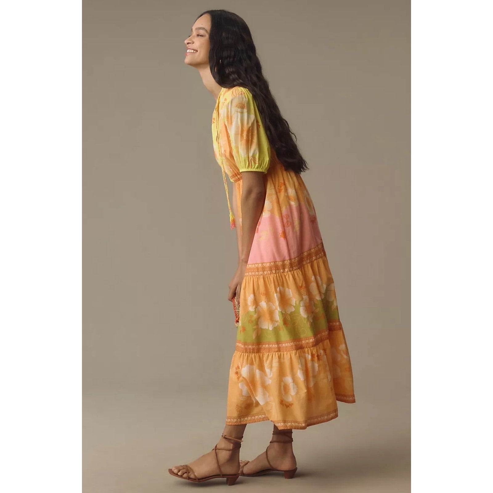 New Farm Rio x Anthropologie Short-Sleeve Tiered Midi Dress $238 XXS Yellow