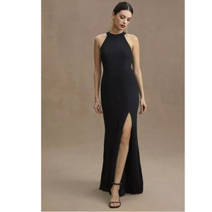 New Anthropologie BHLDN Lennox Halter Open-Back Side-Slit Stretch Crepe Gown 8