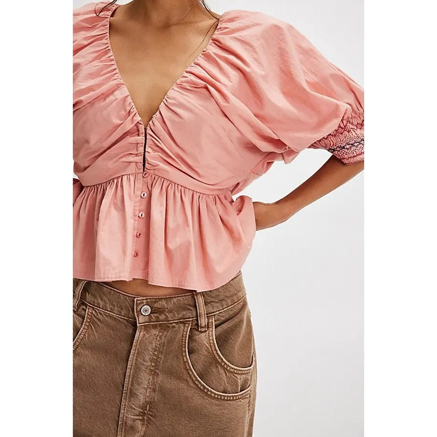 New Free People Where We Meet Smocked Blouse $128 MEDIUM Rose Blush Pink Cropped