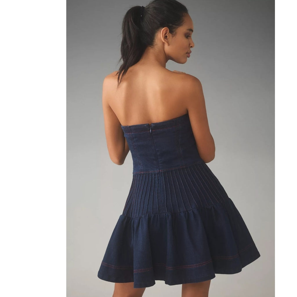 Anthropologie Maeve Rosette Strapless Fit & Flare Denim Mini Dress $168 Sz 2